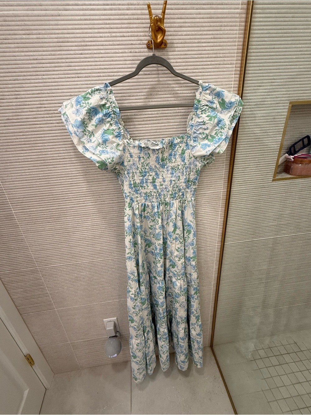 Altar'd State Blue and White Floral Puff Sleeve Smocked Maxi Dress